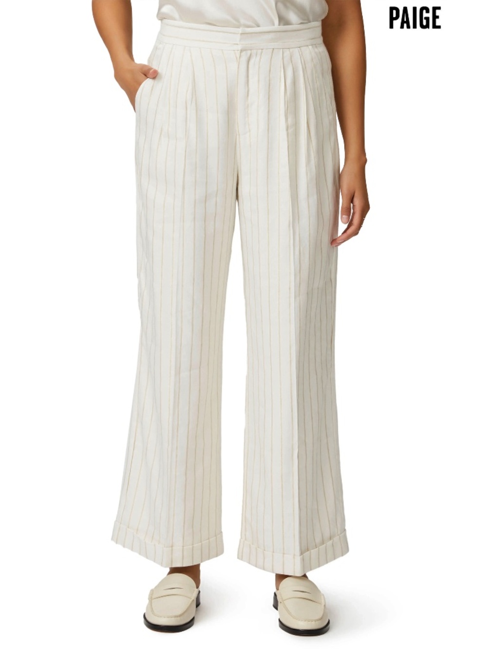 PAIGE NWT KENNIE STRIPE AFTER GLOW NATURAL GOLD WIDE LEG PANTS. SIZE 4